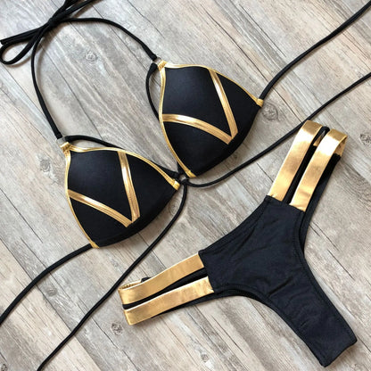 Push-Up-Bademode mit Goldprägung, brasilianisches Bikini-Set