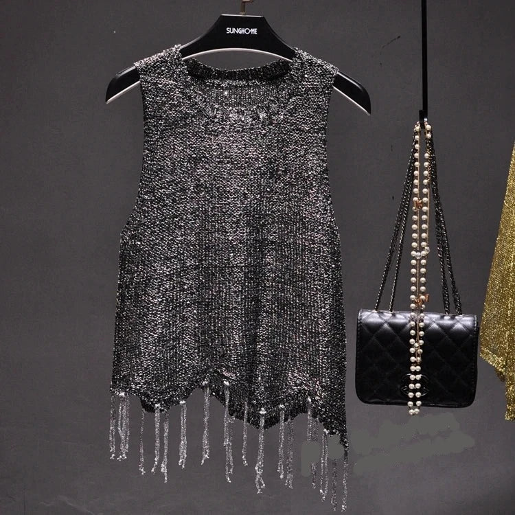 Shiny Gold Silver Knitted Tank Top