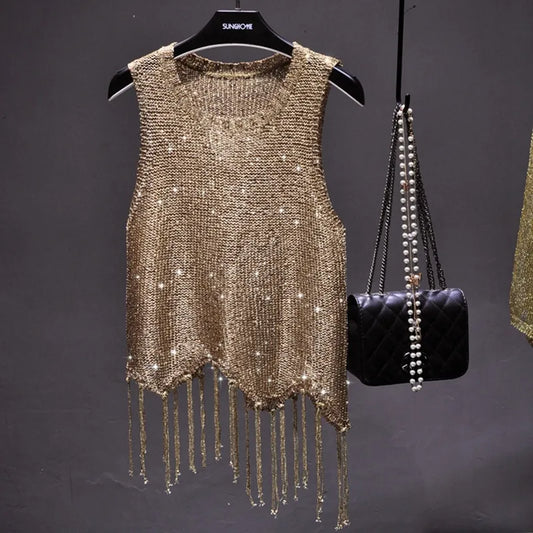 Shiny Gold Silver Knitted Tank Top