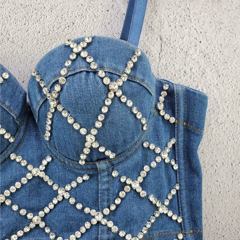 Diamond-encrusted shiny denim vest