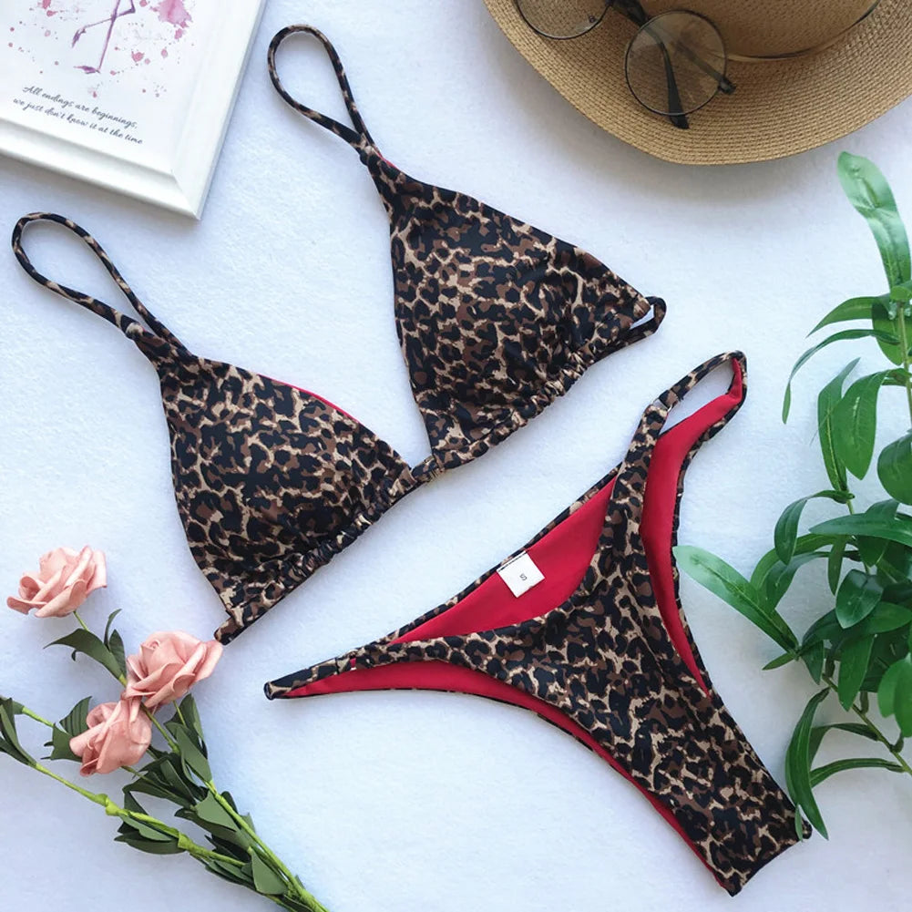 Leopard Print Push Up Triangle High Waist Bikini Set