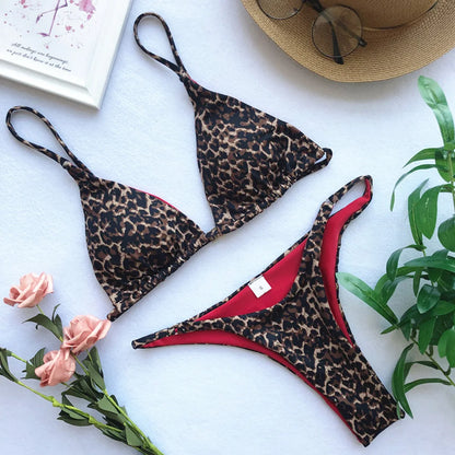 Leopard Print Push Up Triangle High Waist Bikini Set