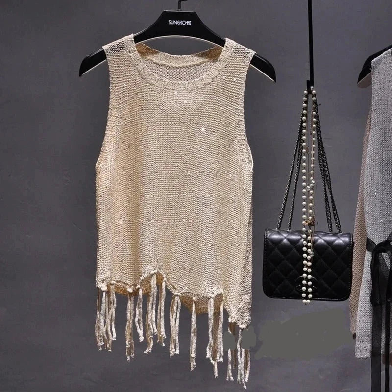 Shiny Gold Silver Knitted Tank Top