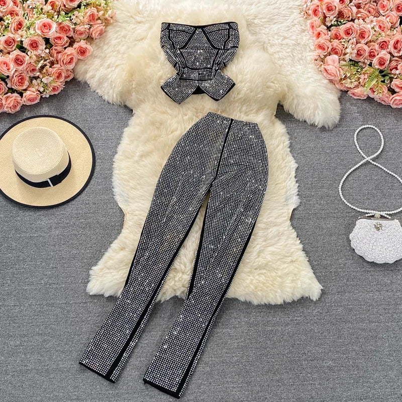 Two Piece Set Diamonds Suit (Top + High Waist Pants)