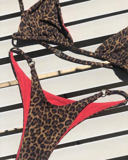 Leopard Print Push Up Triangle High Waist Bikini Set