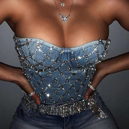 Diamond-encrusted shiny denim vest