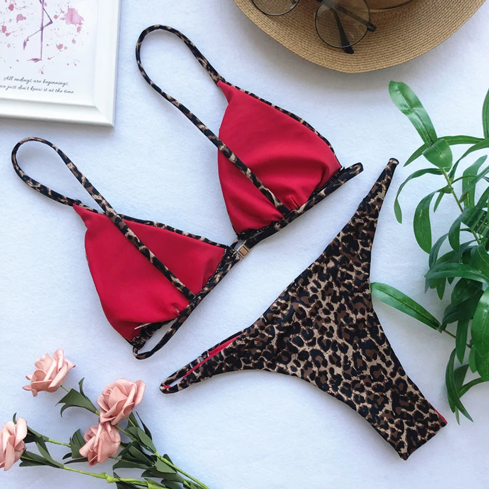 Leopard Print Push Up Triangle High Waist Bikini Set