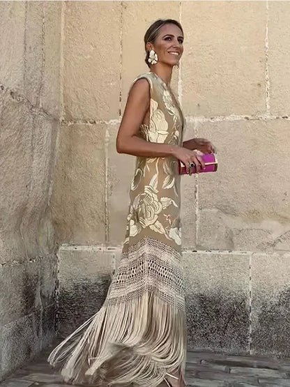 Chic Lace Deep V Neck Sleeveless Maxi Dress with Tassels