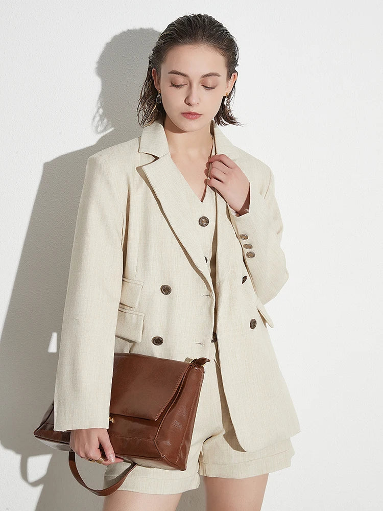 Beige dreiteilige Sets (Jacke + ärmellose, schmale Weste mit V-Ausschnitt + Shorts mit hoher Taille)