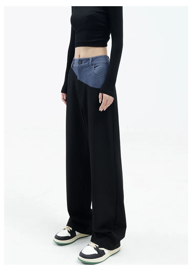 Casual Black Straight Jeans Vintage Patchwork Wide Leg Pants High Waist