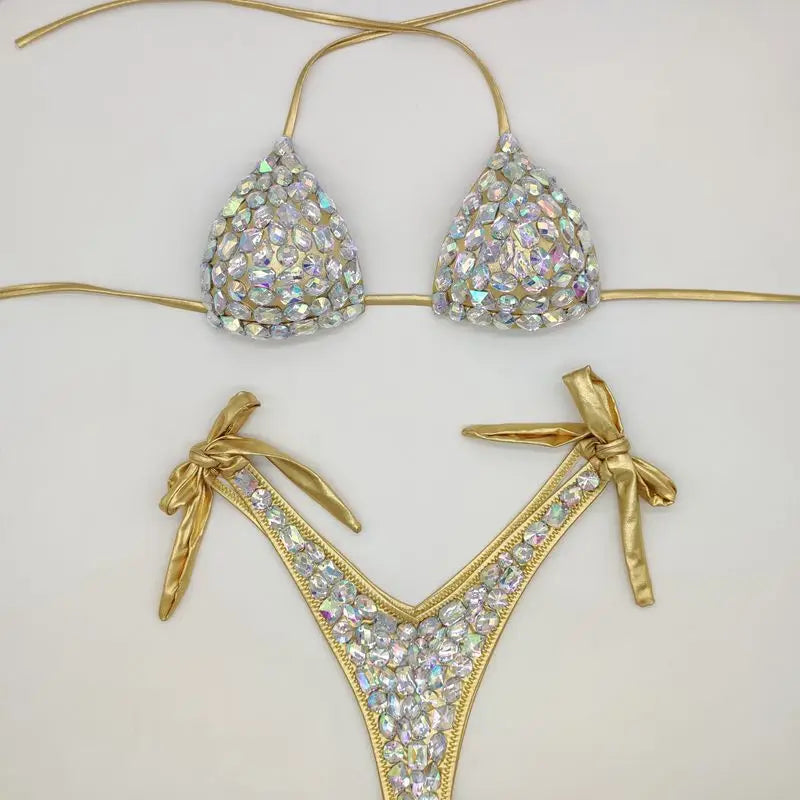 Luxuriöses, sexy Bikini-Set mit Strasssteinen, BH und Tanga