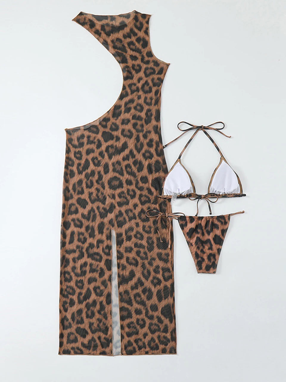 3-teiliges Bikini-Set mit Leopardenmuster und Überwurfkleid