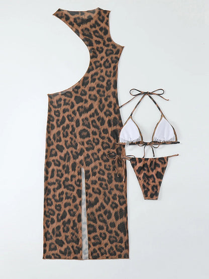 3 Pieces Leopard Bikini Set Cover Up Dress