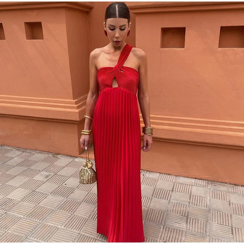 Fashion One Shoulder Hollow Out Pleated Maxi Dress