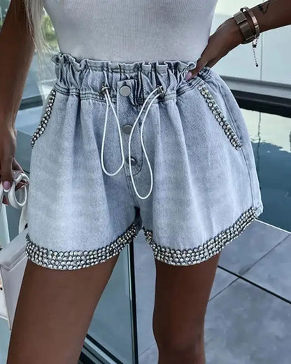 Denim Shorts Rhinestone Pocket Design