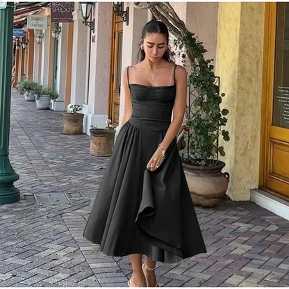 Elegant Retro Sleeveless Backless Pleated Midi Dress