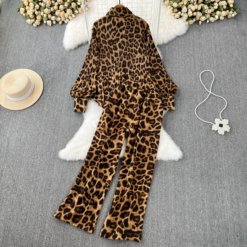 Casual Leopard Print Σετ 2 Τεμαχίων (μακρυμάνικο πουκάμισο & παντελόνι) 