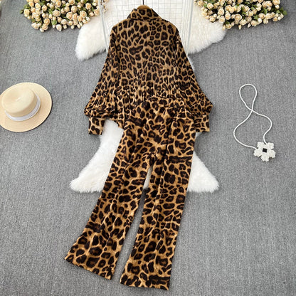 Casual Leopard Print Σετ 2 Τεμαχίων (μακρυμάνικο πουκάμισο & παντελόνι) 