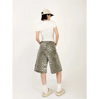 High Waist Straight Streetwear Shorts Jeans Leopard