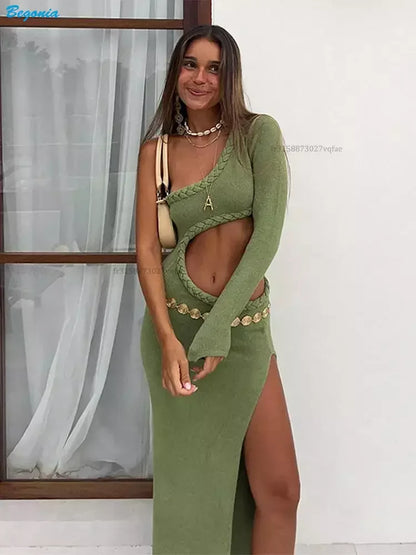 Asymmetry Green Sleeveless Evening Party Maxi Dress