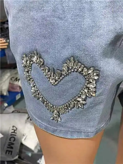 Denim Shorts Rhinestone Pocket Design