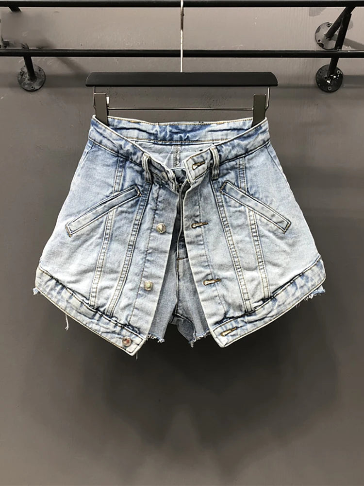 Fake Two Pieces High Waist A-line Thin Denim Shorts