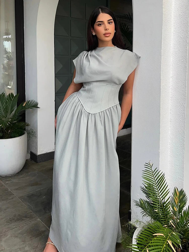 Elegant Gray Sleeveless High Waist Irregular Ruffle Maxi Dress