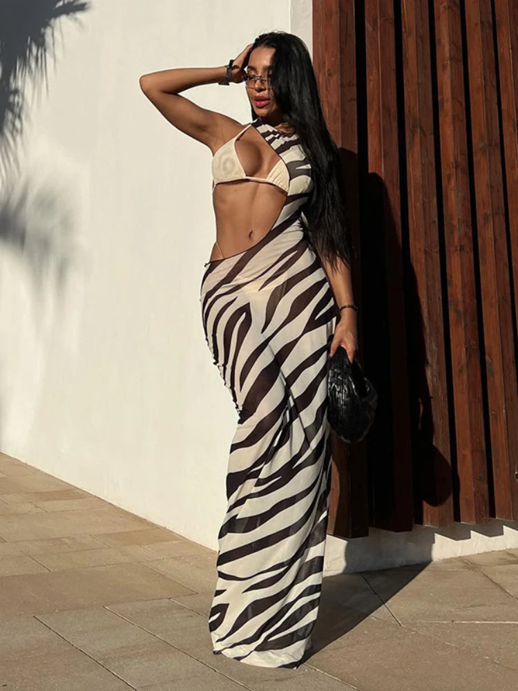 Zebra Print Long Dress Beach Style