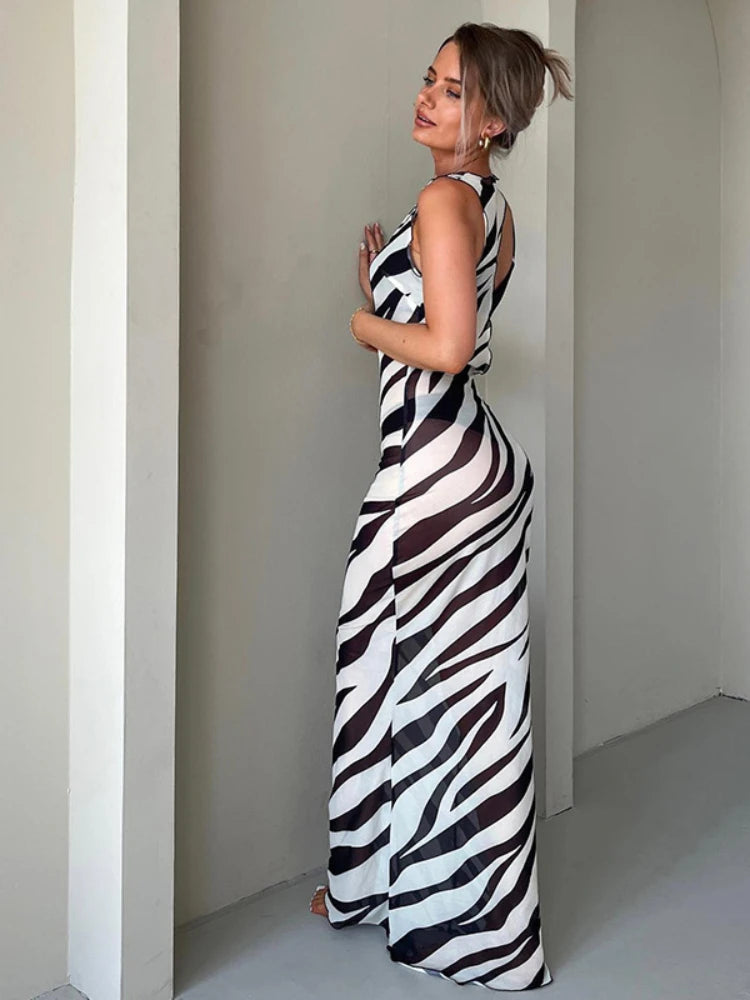 Zebra Print Long Dress Beach Style