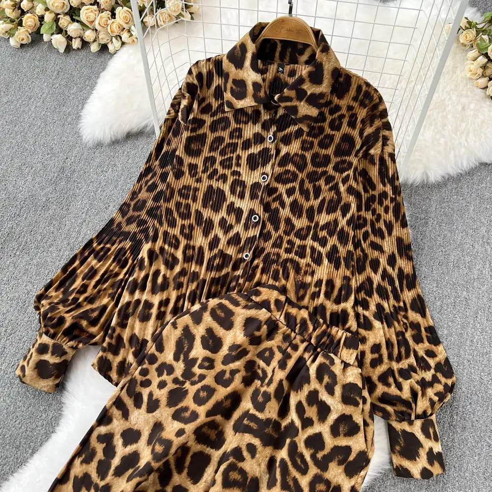 Casual Leopard Print Set 2 Pieces Long Sleeve Shirt