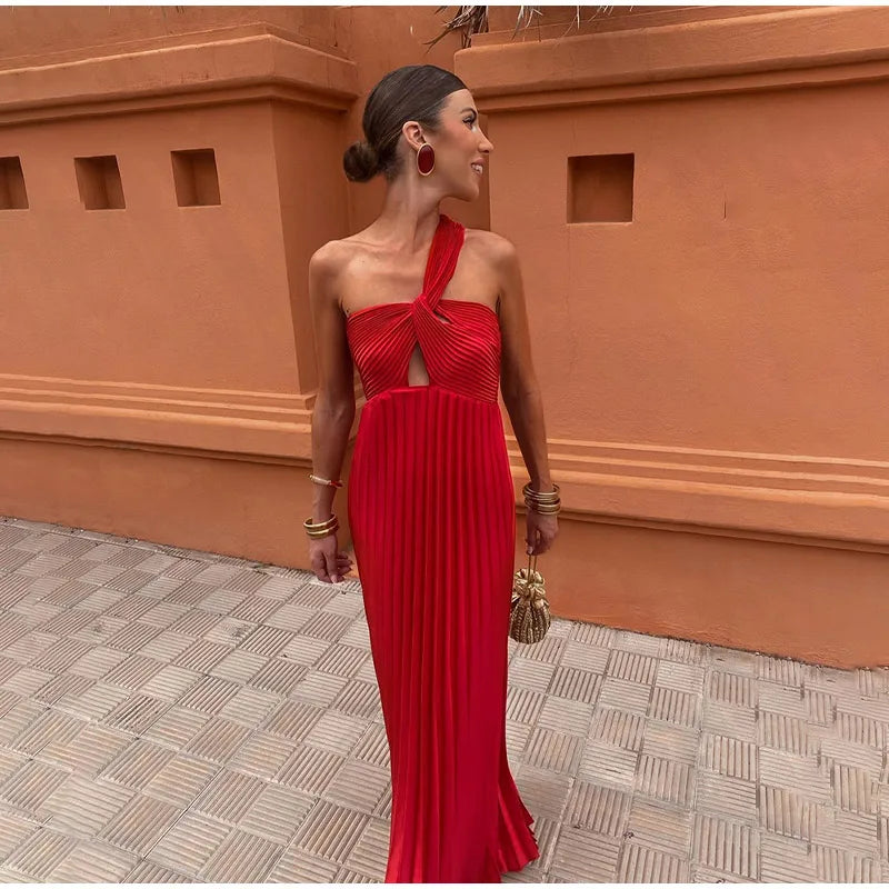 Fashion One Shoulder Hollow Out Pleated Maxi Dress