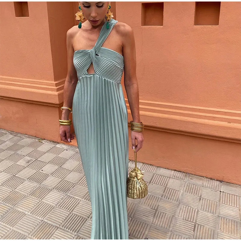 Fashion One Shoulder Hollow Out Pleated Maxi Dress