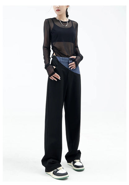 Casual Black Straight Jeans Vintage Patchwork Wide Leg Pants High Waist