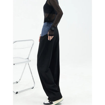 Casual Black Straight Jeans Vintage Patchwork Wide Leg Pants High Waist