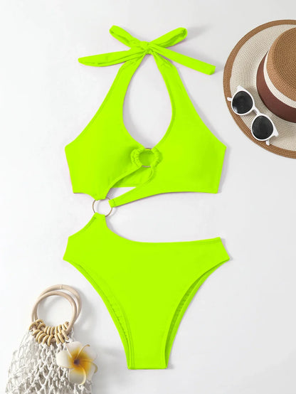 Ring Linked Monokini Halter Beach Cut Out One Piece Swimsuit