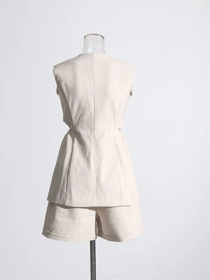 Beige Three Piece Sets (Jacket + V Neck Sleeveless Slim Vest + High Waist Shorts)