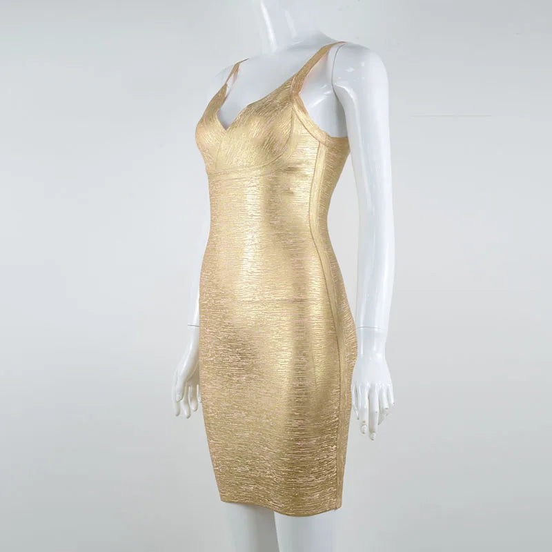 Gold Metallic Bandage Sleeveless Mini Dresses