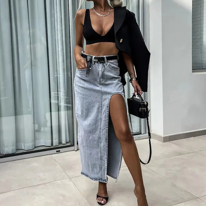 Vintage Streetwear High Waist Denim Midi Skirt