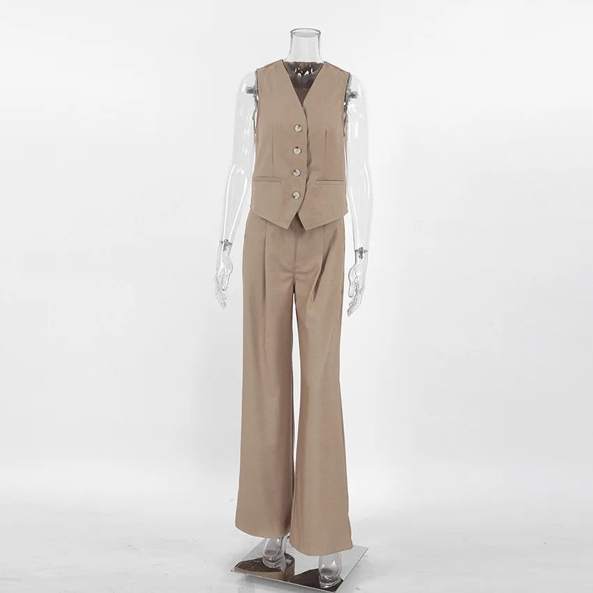 Linen Two Piece Set (Sleeveless Tank Top + High Waist Wide Pants)