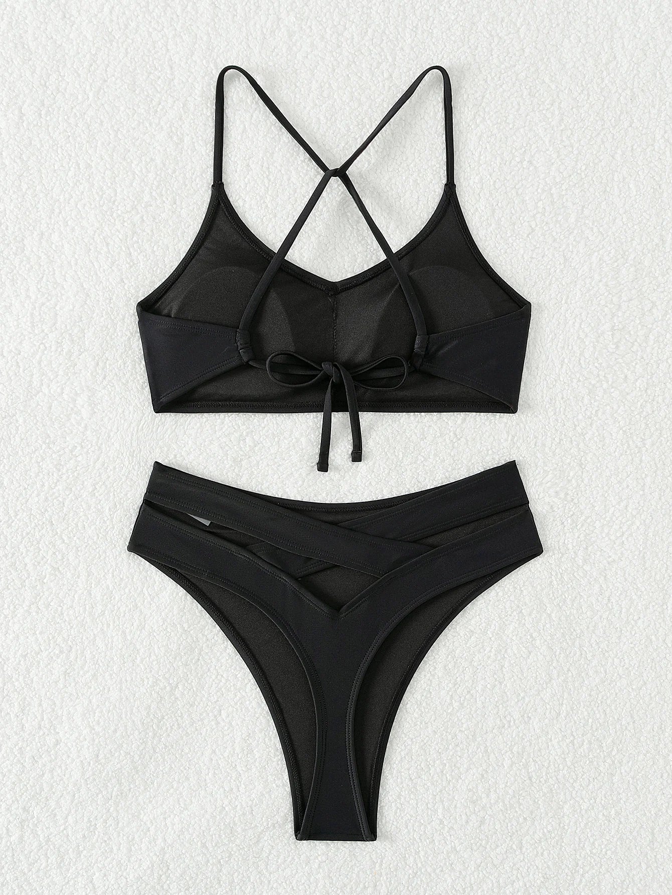 Black bikini with back cross strap and back piece cross thong