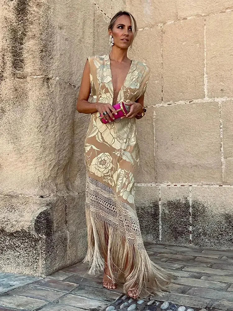 Chic Lace Deep V Neck Sleeveless Maxi Dress with Tassels