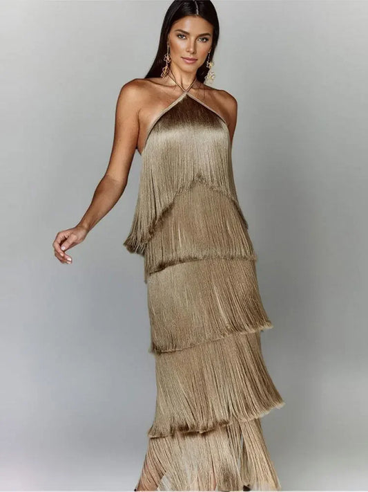 Chic Sleeveless Backless Metallic Color Tassel Long Dress