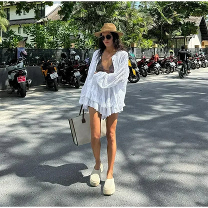 White Casual 2 piece Set (Long Sleeve Shirt + Shorts)