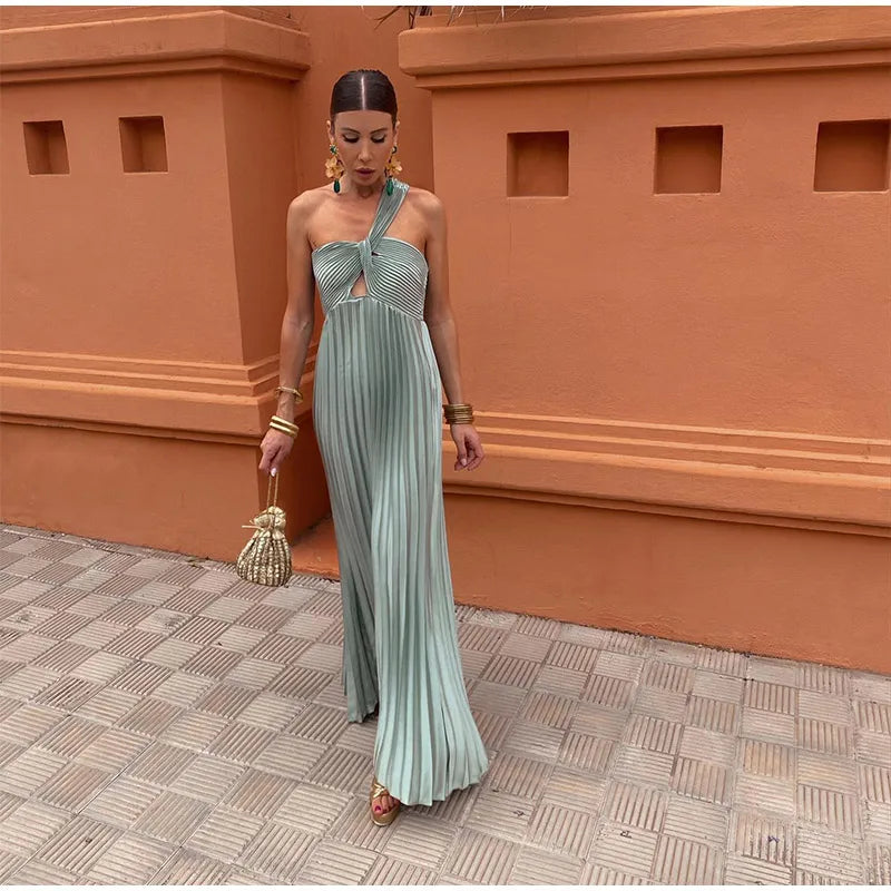 Fashion One Shoulder Hollow Out Pleated Maxi Dress