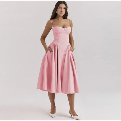 Elegant Retro Sleeveless Backless Pleated Midi Dress