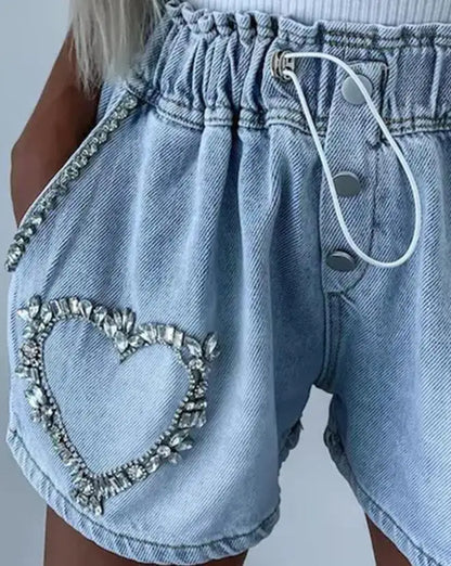 Denim Shorts Rhinestone Pocket Design