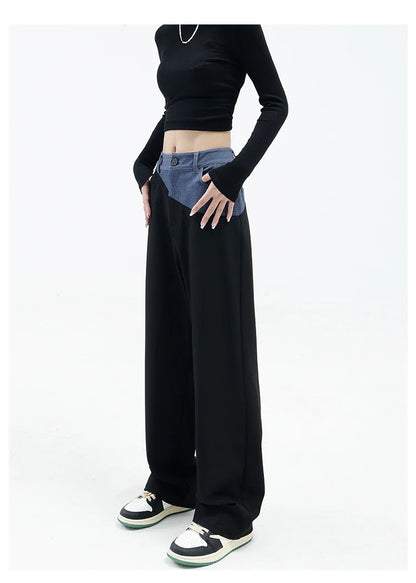 Casual Black Straight Jeans Vintage Patchwork Wide Leg Pants High Waist