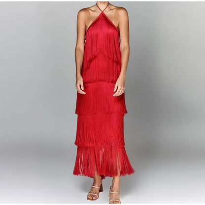 Chic Sleeveless Backless Metallic Color Tassel Long Dress