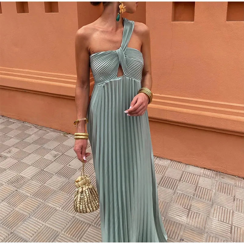 Fashion One Shoulder Hollow Out Pleated Maxi Dress