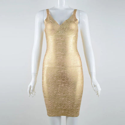 Gold Metallic Bandage Sleeveless Mini Dresses